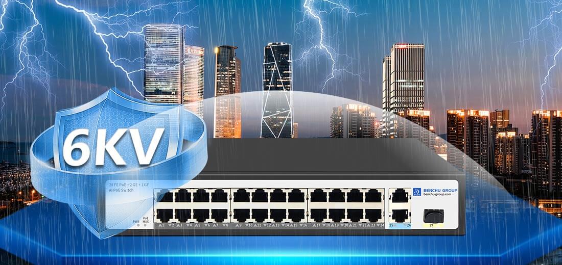 24 Port 10/100M PoE Switch 6kv lightning protection