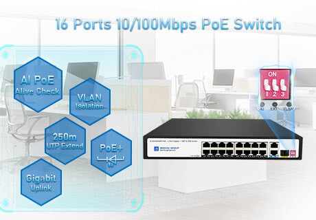 Conmutador PoE+ no administrado de 16 puertos, con 2 Gigabit RJ45 y 1 Gigabit SFPUplink, SP5210-16PFE2GE1GF