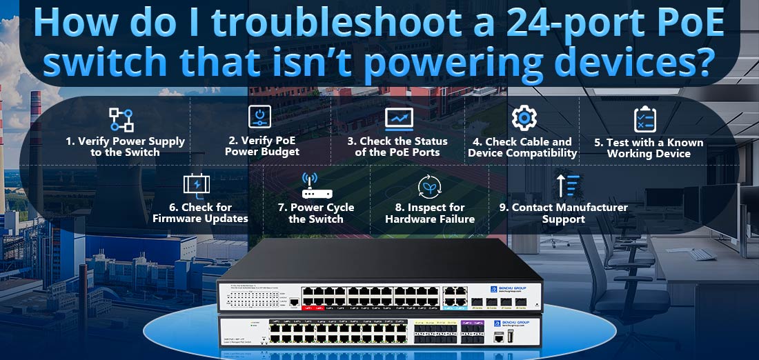 How do I troubleshoot a 24-port PoE switch that isn’t powering devices?