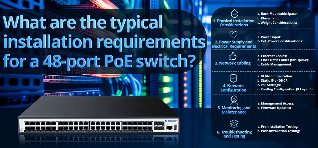 What are the typical installation requirements for a 48-port PoE switch?