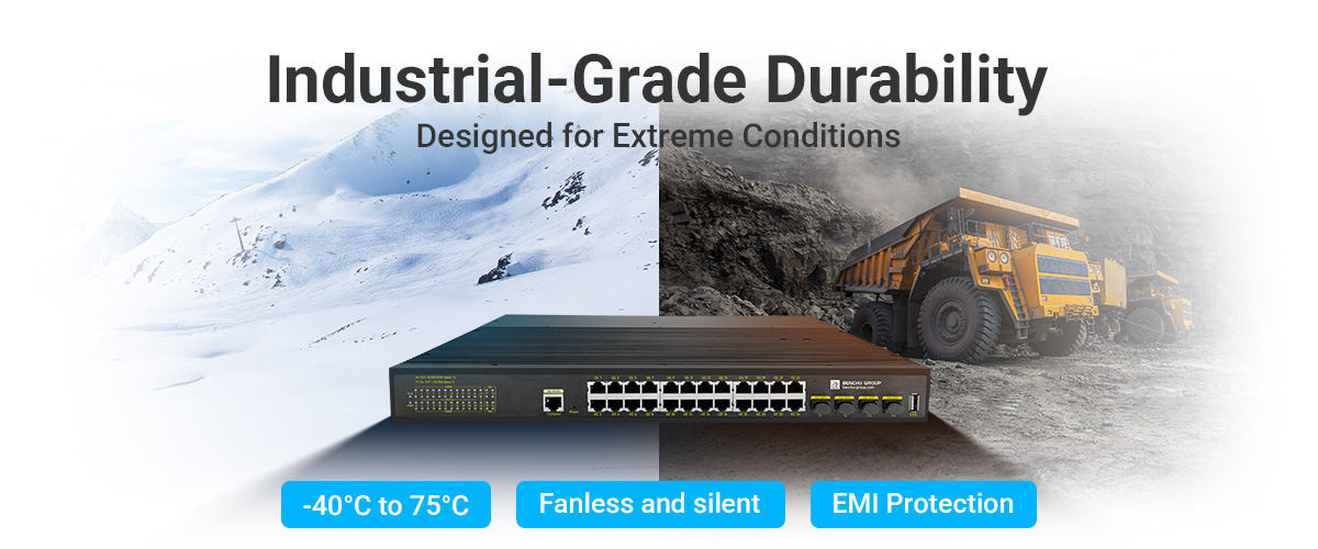 Managed 24 port industrial PoE switch operates in a wide temperature range (-40°C to +75°C) and resists shock Managed 24 port industrial PoE switch operates in a wide temperature range (-40°C to +75°C) and resists shock