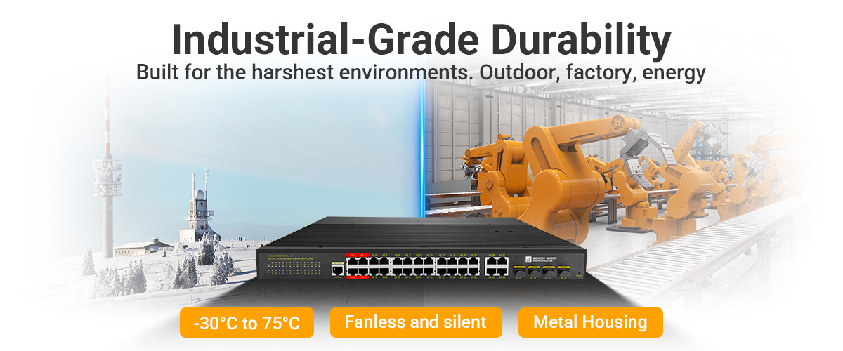 24 port gigabit managed industrial PoE++ switch operates efficiently in extreme temperatures ranging from -30°C to 75°C 24 port gigabit managed industrial PoE++ switch operates efficiently in extreme temperatures ranging from -30°C to 75°C