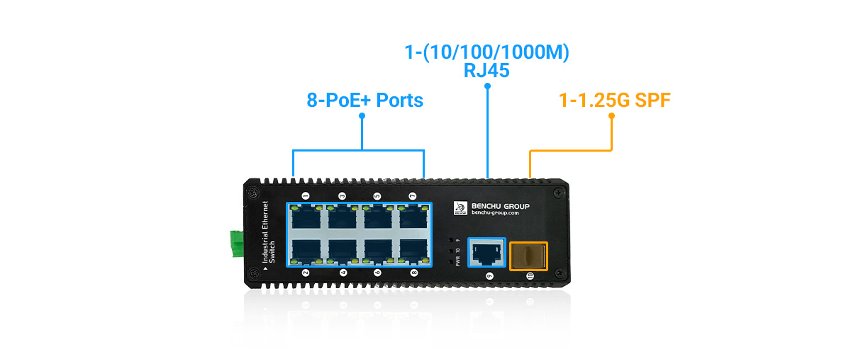 Industrial PoE Switch provide  8 PoE+ 10 100Mbps RJ45 ports and 1-10 100 1000M RJ45 and 1-1.25G SPF