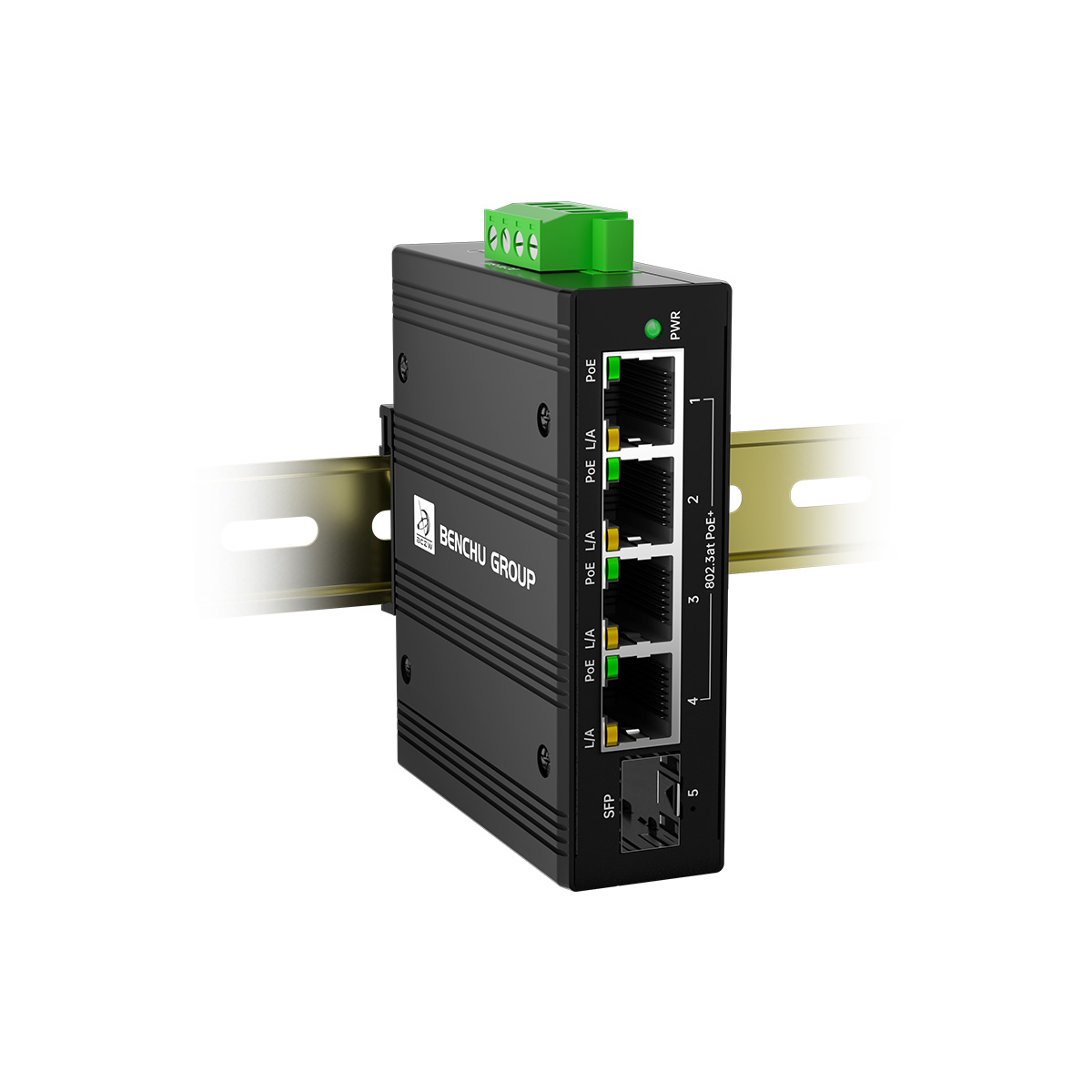 Main product image of a 5-port industrial 12V to 48V Boost PoE switch with a fanless IP40 aluminum housing, securely mounted on a standard DIN rail, ideal for cabinet installation in harsh environments.