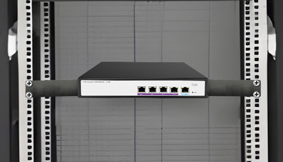 Sleek space-saving desktop metallic casing switch equipped with extended bracket ears for seamless 19-inch IT rack cabinet installation.