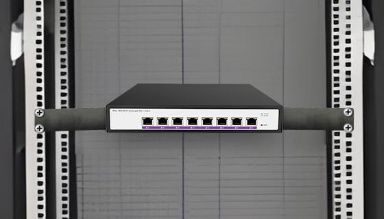 Rugged metallic switch body showing rubber feet for desktop deployment alongside standard bracket ears for 19-inch IT cabinet server mounting.