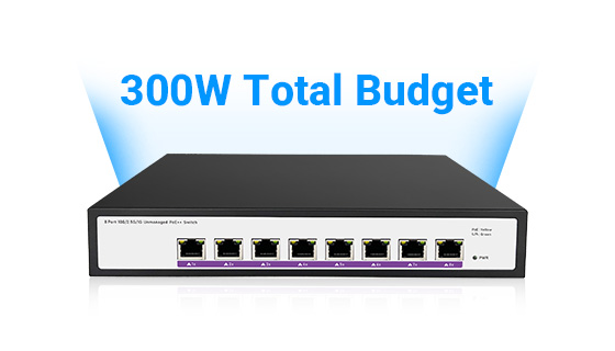 A robust 300W centralized power budget ensuring balanced hardware-level dynamic power allocation across all 8 multi-gigabit endpoints.