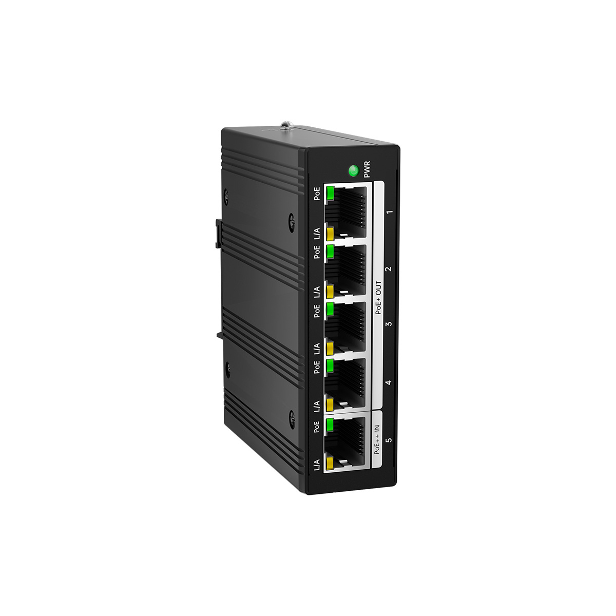 Front view of a vertical upright Gigabit PoE passthrough switch showcasing its compact aluminum housing and solid industrial design.