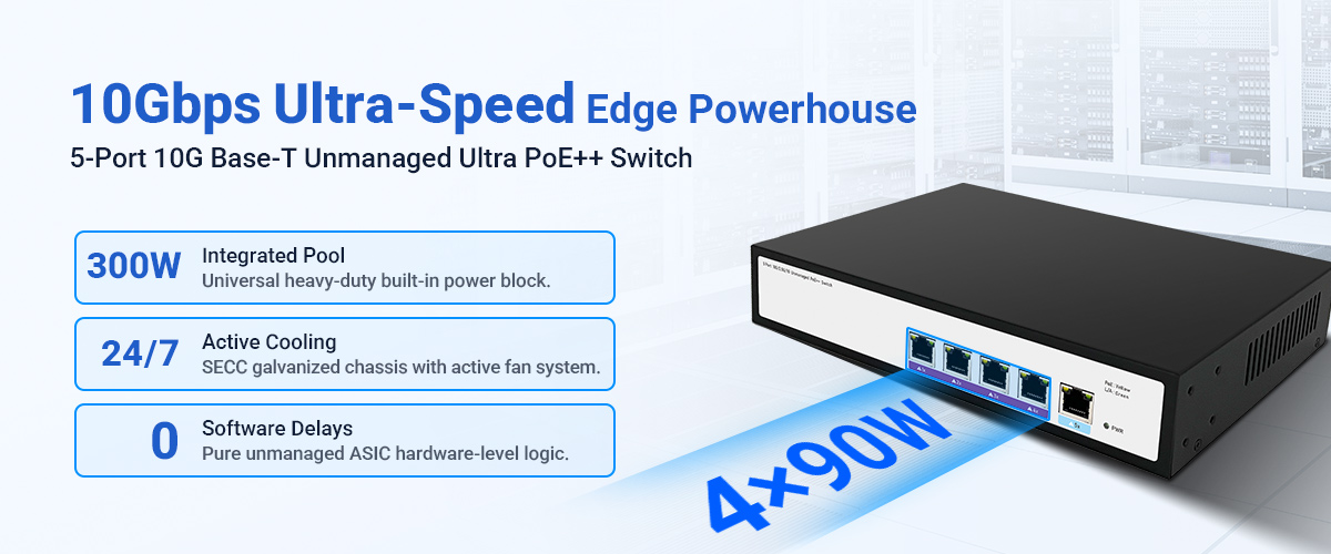 5-Port 10G Unmanaged PoE++ Switch 4-Port 90W Full Load Capability Poster 10Gbps PoE++ Switch High-Power Infrastructure Poster