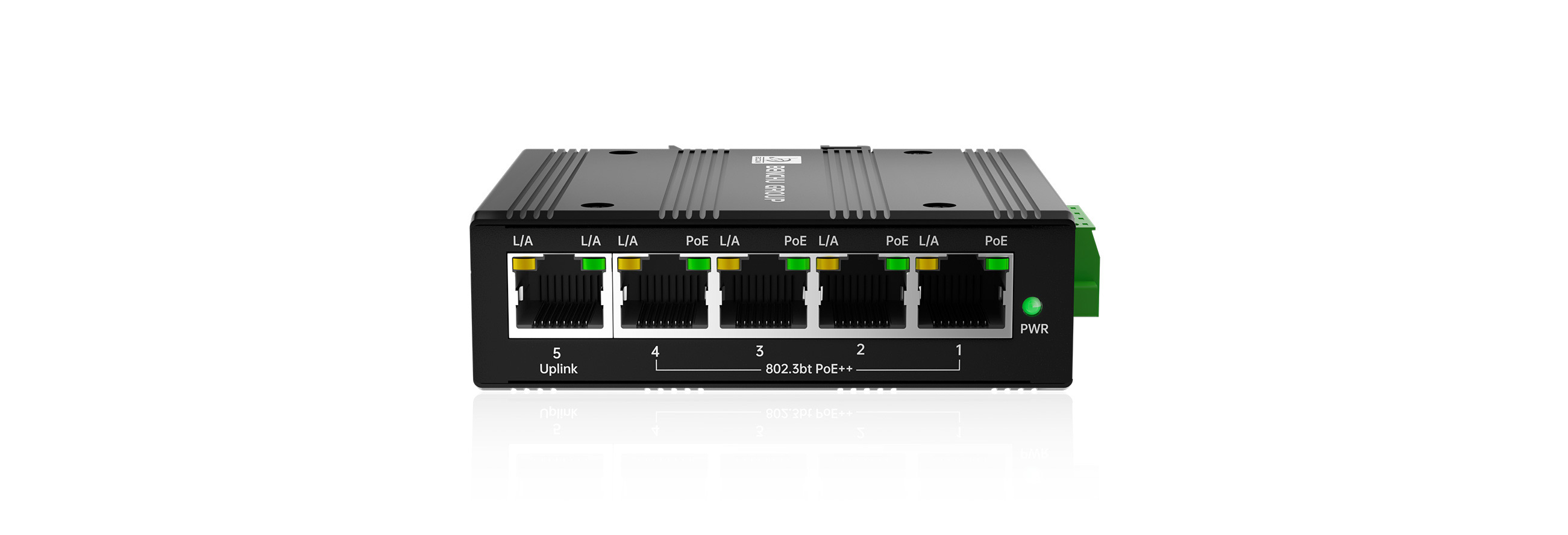 5-port industrial unmanaged solar-powered PoE++ switch featuring 12V 24V DC wide voltage input to 48V 54V step-up boost technology, 4 gigabit 90W PoE++ ports and 1 gigabit RJ45 uplink for off-grid solar surveillance