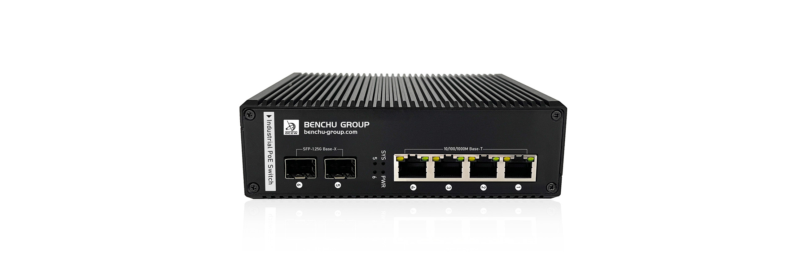 Industrial 4-port Managed Layer 3 Solar PoE switch with din-rail mount, featuring 2 gigabit SFP uplinks, direct 12V 24V 48V battery input, and ERPS ring network protection for outdoor IP cameras and wireless APs