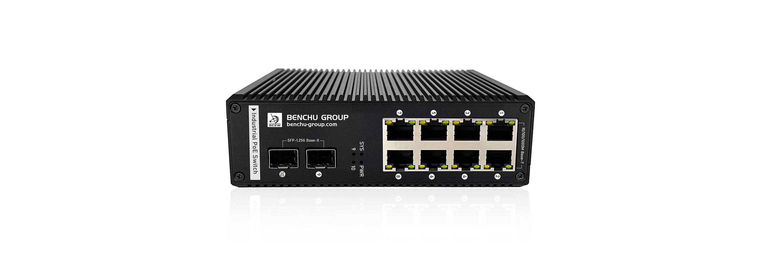 High-density industrial 8-port Managed Layer 3 solar PoE switch in IP40 rugged housing, supporting 12V 24V 48V battery bank power input, 8 gigabit PoE+ ports, and dual 1G SFP fiber channels for heavy-duty industrial wind and solar networks