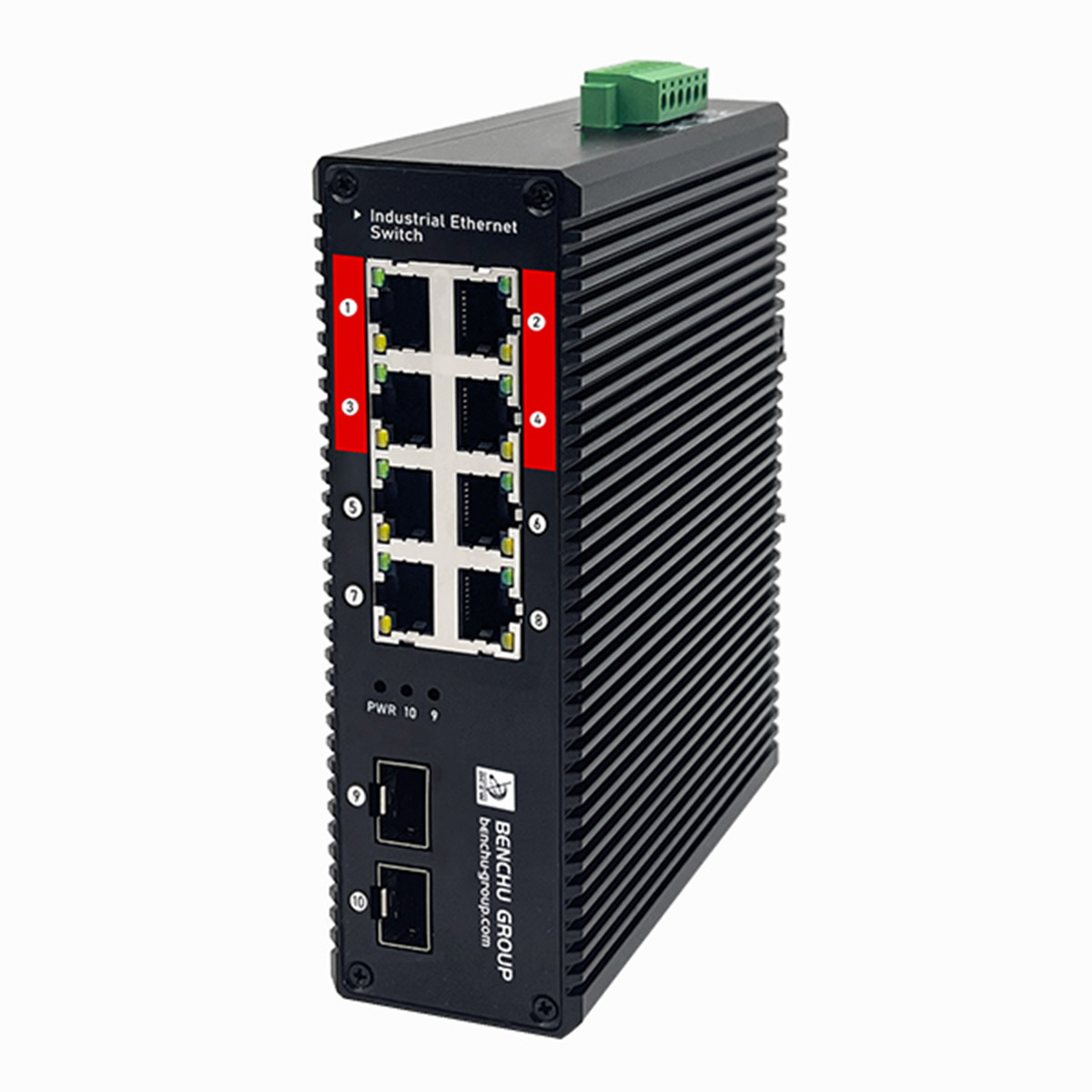 Benchu IES7211-8PGE2GF-4BT-DC 8-port gigabit industrial PoE++ switch with DIN-rail mount and dual SFP fiber uplinks