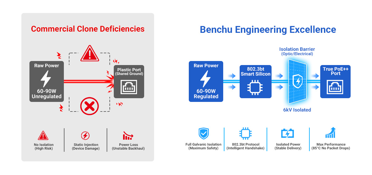 Technical circuit topology diagram illustrating dynamic IEEE 802.3bt power isolation and optocoupler barriers vs typical unisolated clone multi-port backplane layout