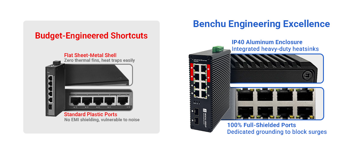 Industrial B2B PoE++ switch hardware teardown comparison showcasing robust Benchu true 802.3bt design versus low-cost commercial clone internal board layout