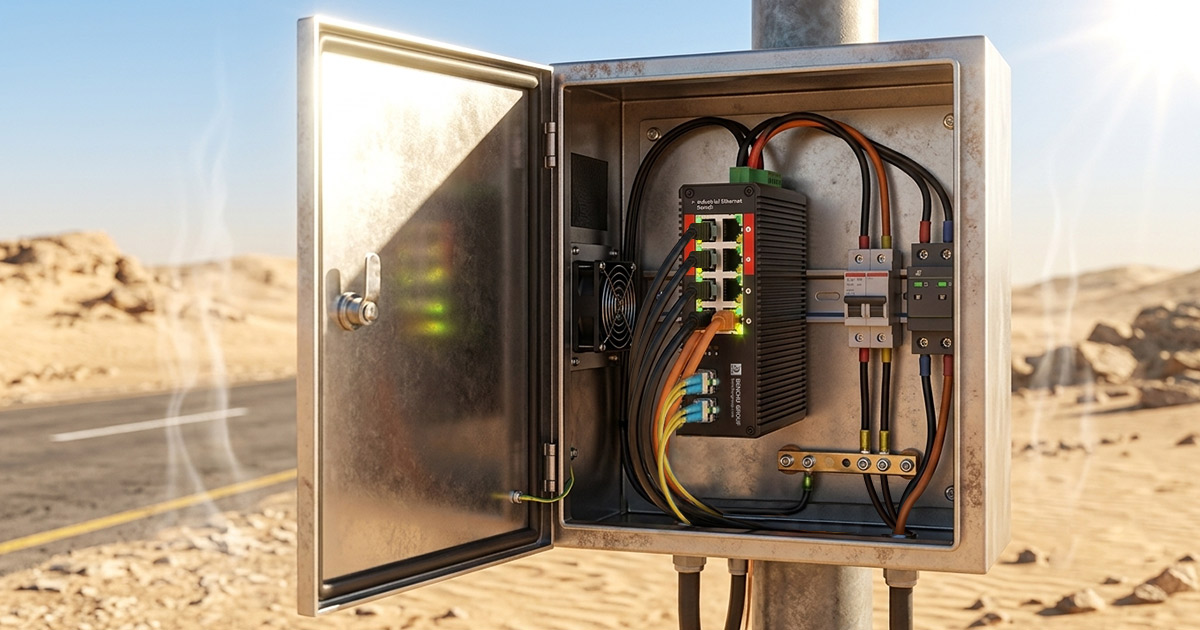 Industrial PoE++ switch operating flawlessly inside an opened outdoor roadside cabinet under scorching desert sun heat waves