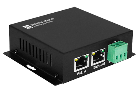 BENCHU POE-SP01-BT industrial high power gigabit PoE++ splitter with 12VDC 5A output, rugged metal housing, and 3500V galvanic isolation