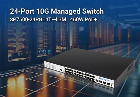 Revolucione su red: el SP7500-24PGE4TF-L3M ofrece 24 puertos PoE+ y enlaces ascendentes de 10 Gb para entornos de trabajo exigentes.
