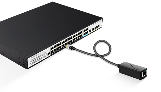 Direct-plug PoE converter eliminating redundant patch cables between switch and adapter.